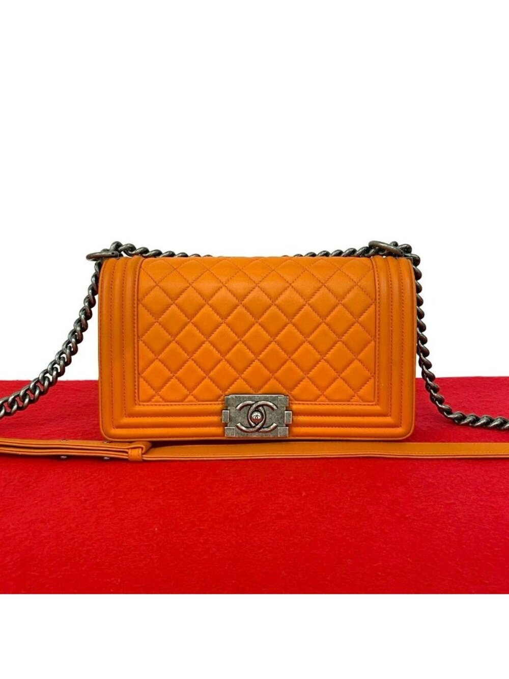 Chanel Seal Boy CC Logo Leather Shoulder Bag Pochette Orange
